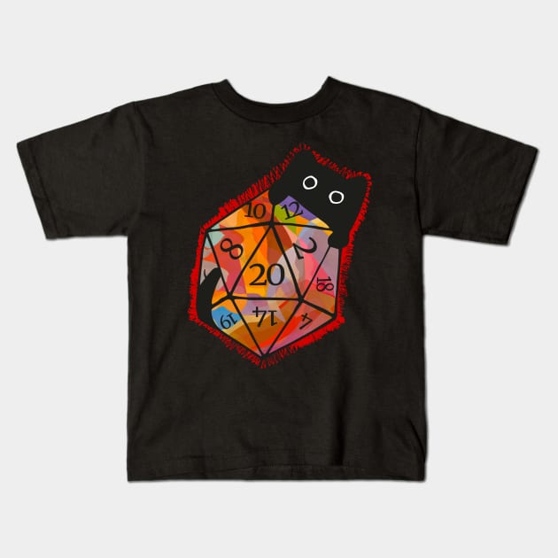 Cute cat behind colorful D20 dice Kids T-Shirt by Ravendax